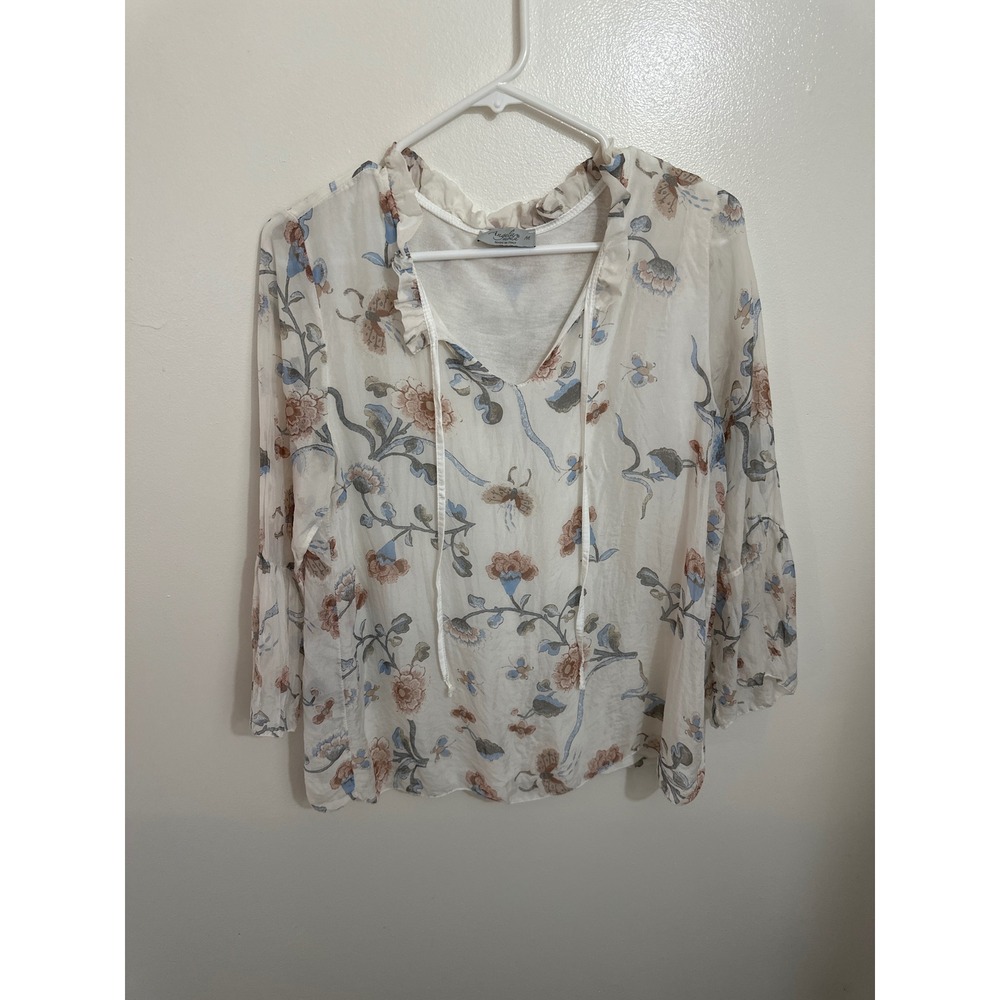 Angela Moda Never Die Silk Floral Ruffle V-Neck Bell Sleeve Blouse White Size M